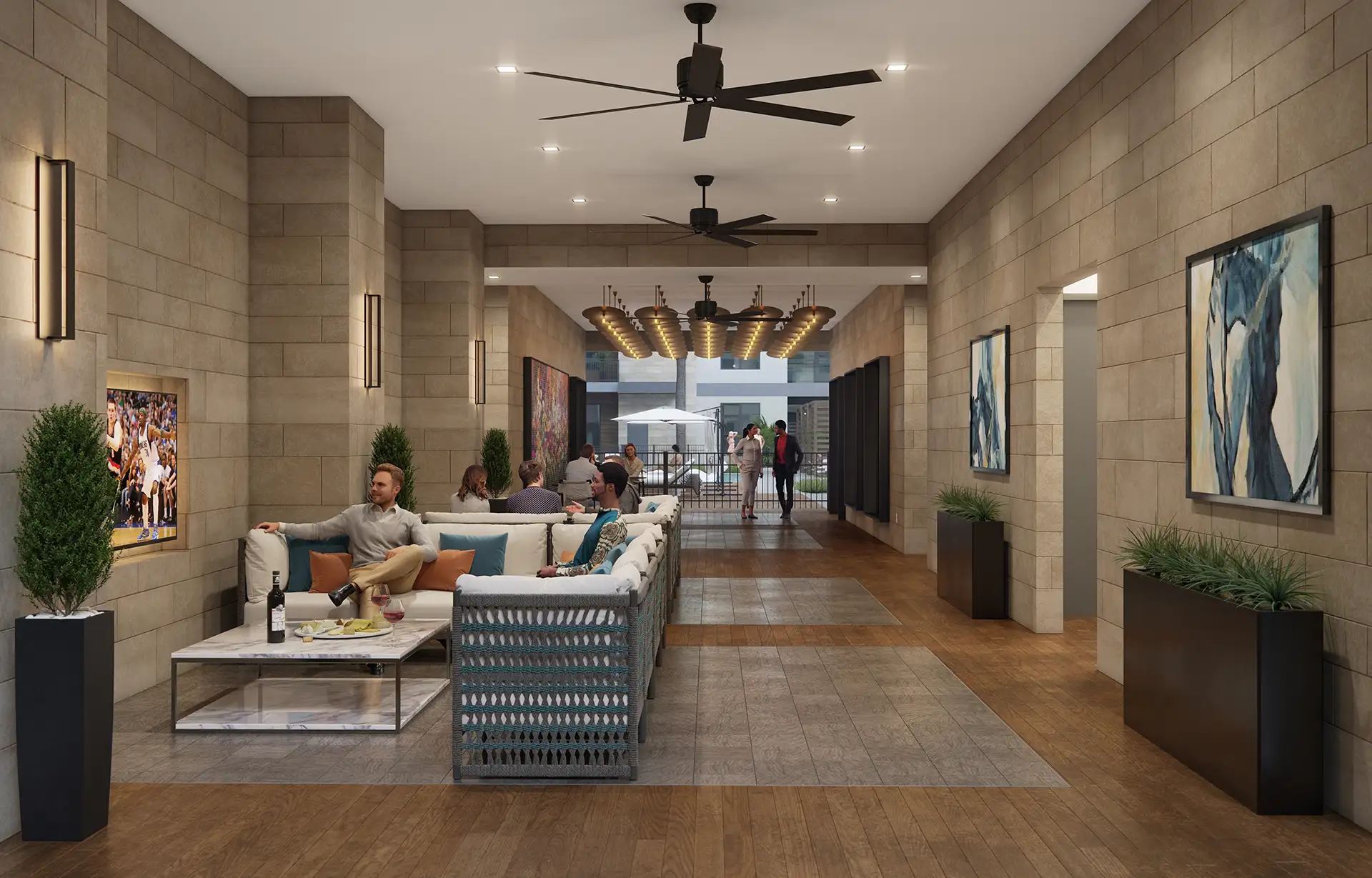 large hallway with amenities leading to outdoor amenity area