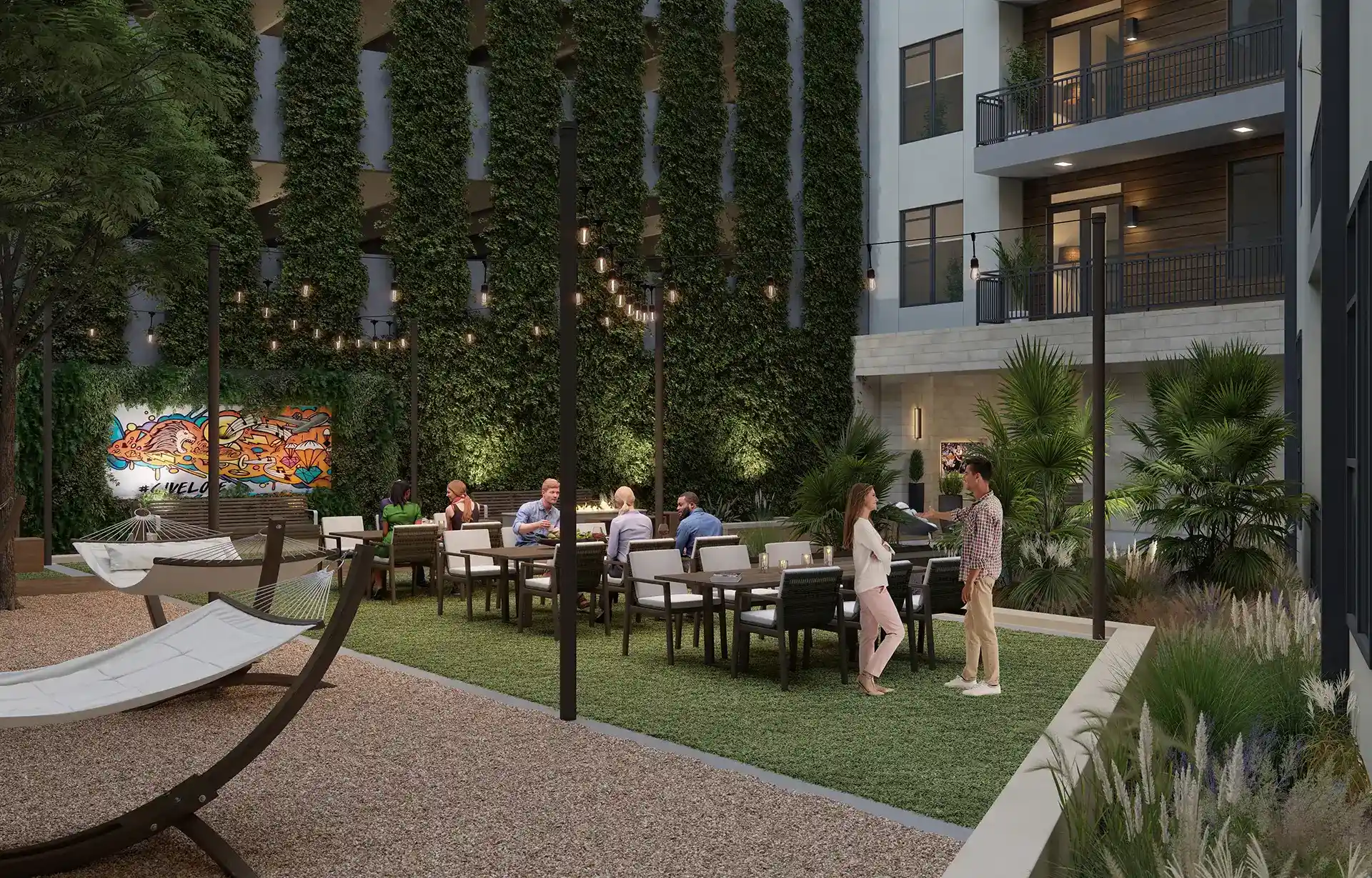 courtyard with open air seating and hammocks